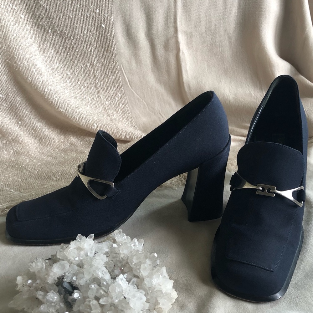 Via Spiga Navy Silver Buckle Loafer Chunky Heel 6M